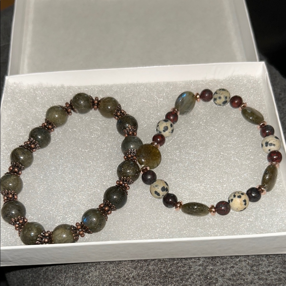 Rustic Brown and dark green Dalmatian Beaded Bracelets
